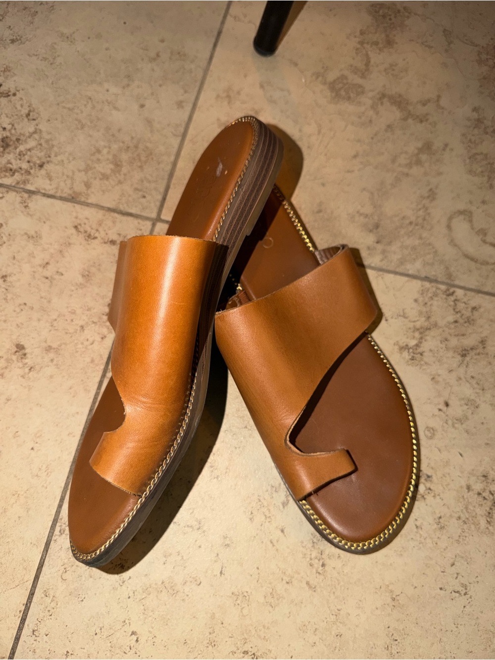 Women's Tan Leather Slide Sandals - Casual Slip-On